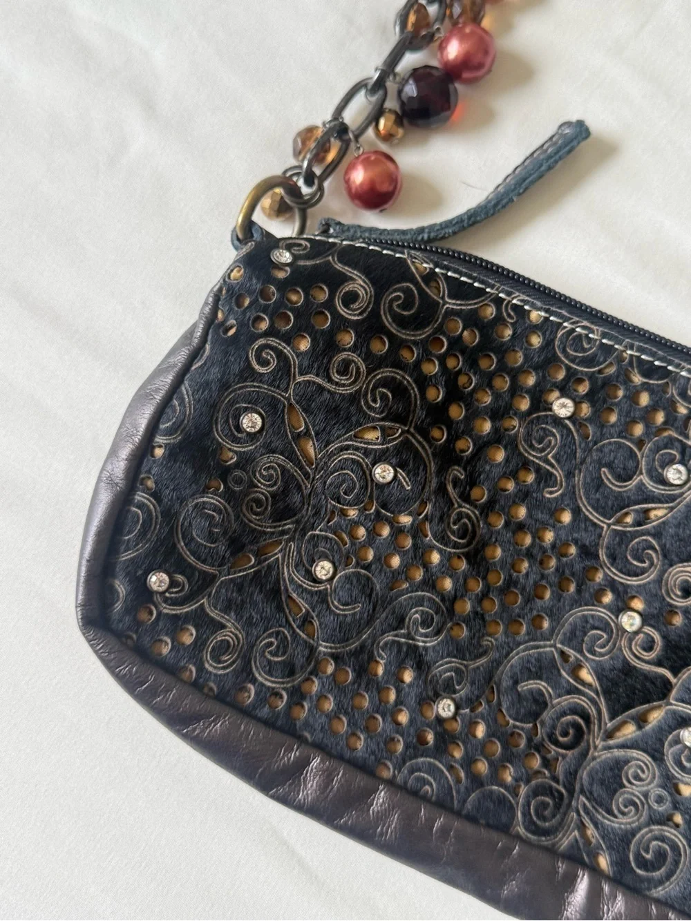 Vintage 90s-y2k | Black/Metallic Laser cut Shoulder Bag with Beaded Chain